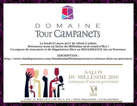 PROFESSIONNELS : Retrouvez nous lundi 27/03/2017 à la présentation du millésime des coteaux d'Aix-en-Provence sur notre stand n°B11 à l'hôtel Renaissance d'Aix-en-Provence.