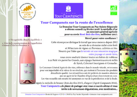 Médaille d’Or au Concours Général Agricole Cuvée Rosé Bois des fées, millésime 2017.