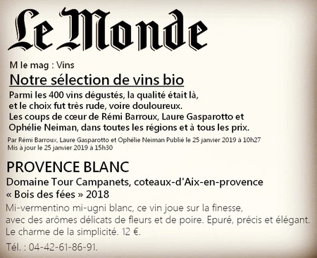 Journal le MONDE, Spécial Vins Bio 25 Janvier 2019